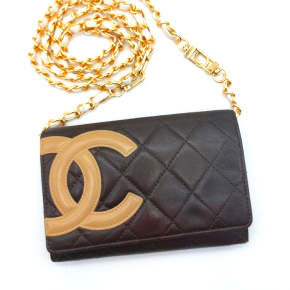 CHANEL Black & Tan Quilted Wallet-on-Chain with Gold Chain